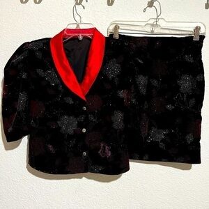 Vintage Black Velvet Sparkling Red & Silver Floral 3 Piece Suit Festive Size 4